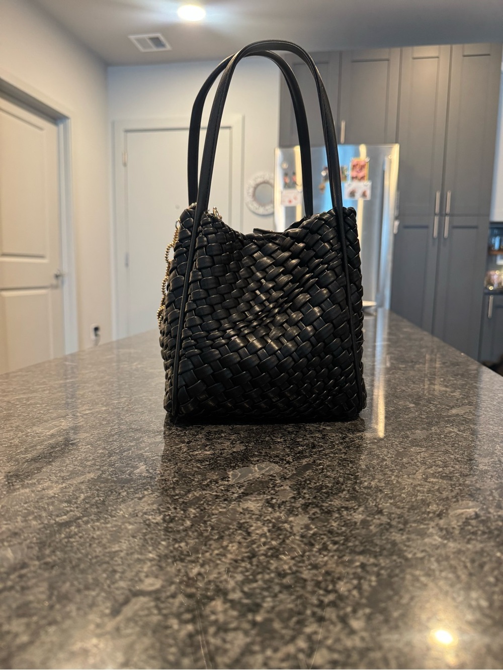 ANTHROPOLOGIE Woven Black Leather Shoulder Bag - Classic Everyday Tote